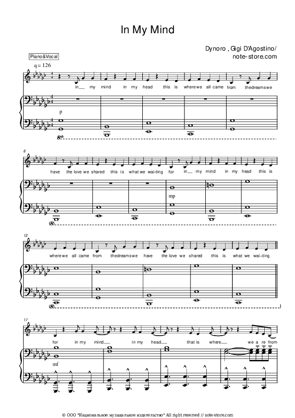 In My Mind - Dynoro, Gigi D'Agostino Piano Sheet Music with the Voice part - Piano&Vocal