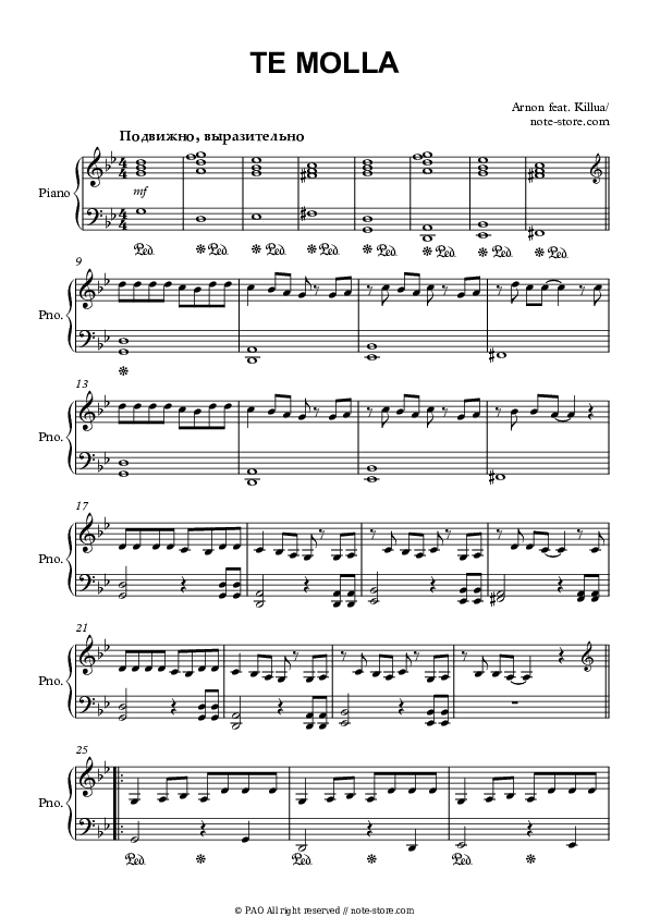 Te Molla (feat. Killua) - Arnon Piano Sheet Music Easy - Piano.Easy