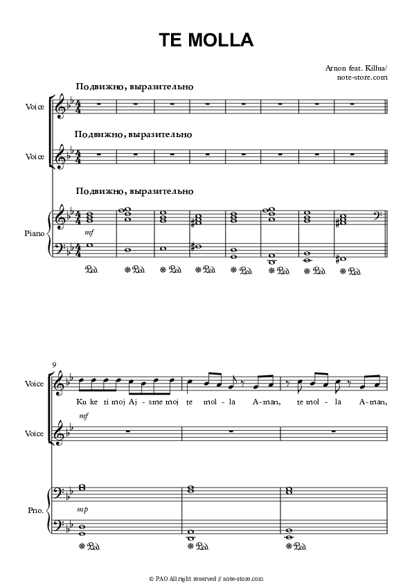 Te Molla (feat. Killua) - Arnon Piano Sheet Music with the Voice part - Piano&Vocal