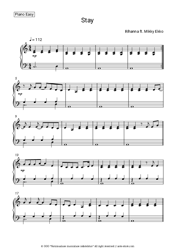 Stay - Rihanna, Mikky Ekko Piano Sheet Music Easy - Piano.Easy