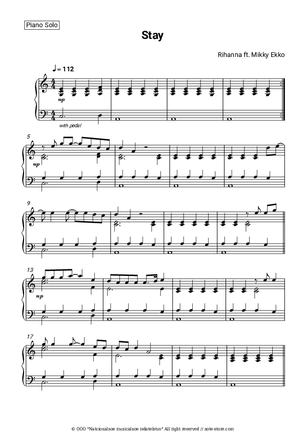 Stay - Rihanna, Mikky Ekko Piano Sheet Music - Piano.Solo