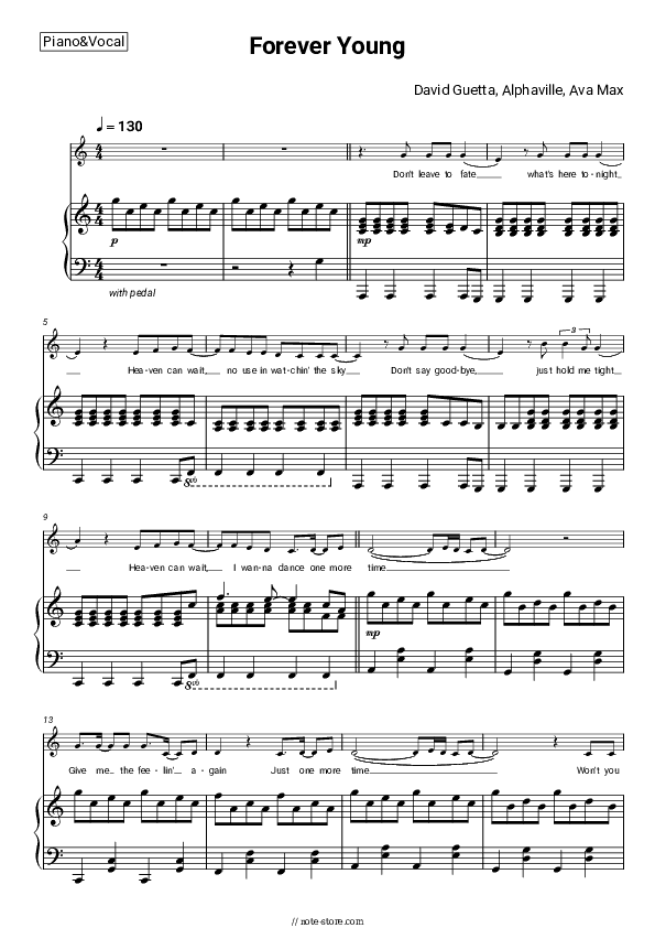 Forever Young - David Guetta, Alphaville, Ava Max Piano Sheet Music with the Voice part - Piano&Vocal