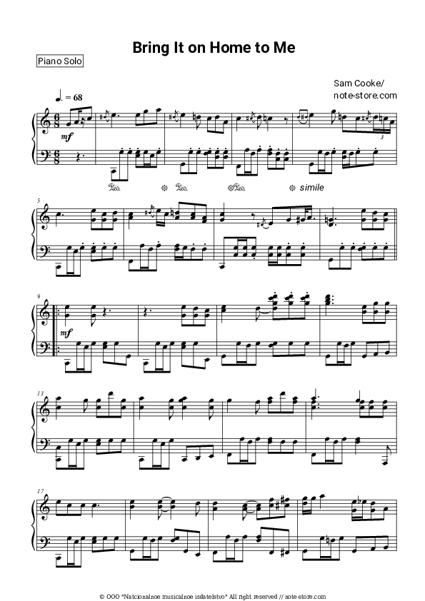 Bring It On Home to Me - Sam Cooke Piano Sheet Music - Piano.Solo