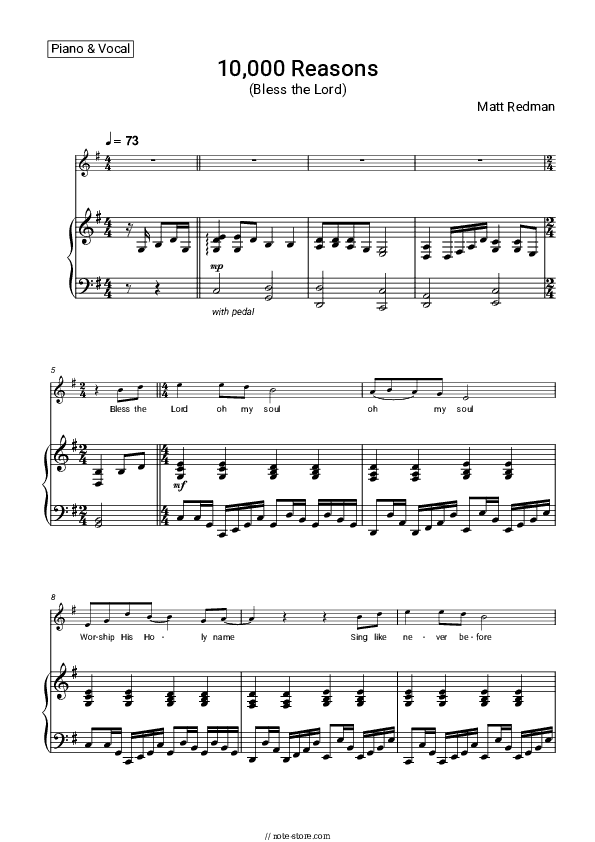 10,000 Reasons (Bless the Lord) - Matt Redman Piano Sheet Music with the Voice part - Piano&Vocal