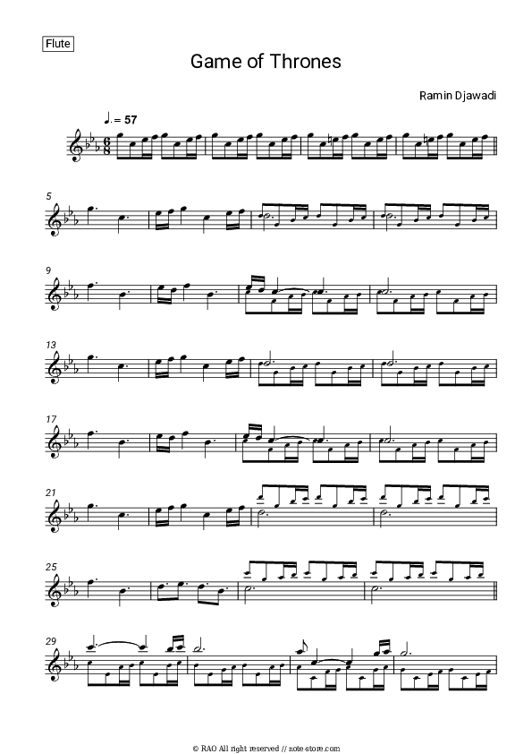 Game of Thrones - Main Title - Ramin Djawadi Flute Sheet Music - Flute