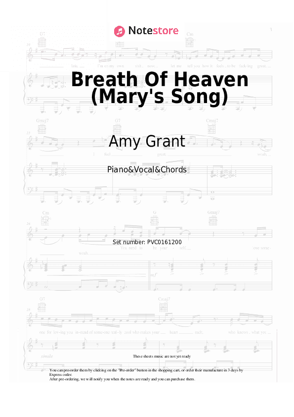 Breath Of Heaven (Mary's Song) - Amy Grant Piano Sheet Music with the Vocal and Chords - Piano&Vocal&Chords