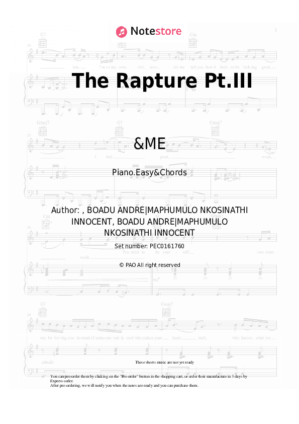 The Rapture Pt.III - &ME, Black Coffee, Keinemusik Sheet Music Easy and Chords - Piano.Easy&Chords