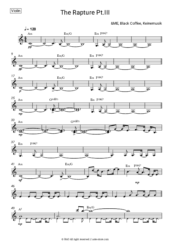 The Rapture Pt.III - &ME, Black Coffee, Keinemusik Violin Sheet Music - Violin