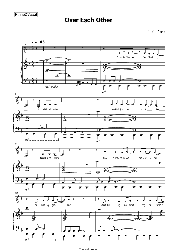 Over Each Other - Linkin Park Piano Sheet Music with the Voice part - Piano&Vocal