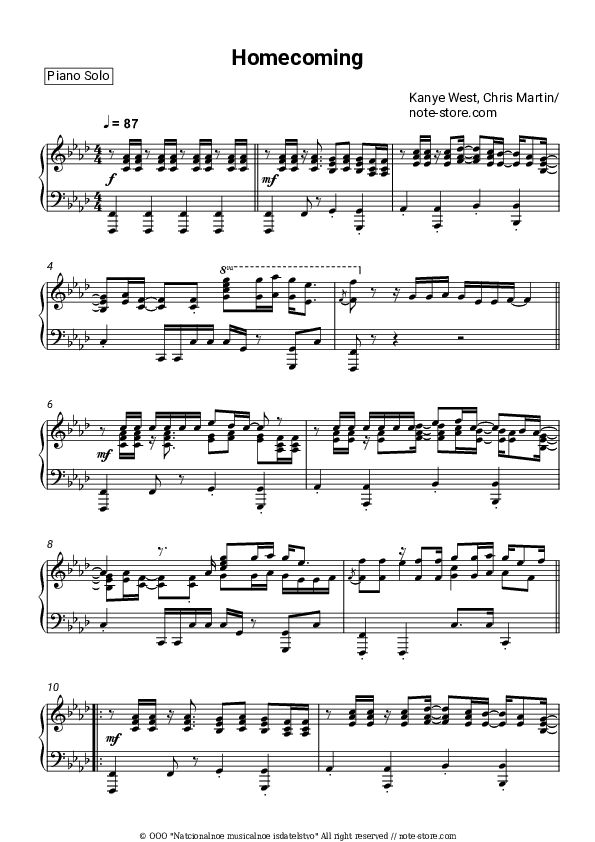 Homecoming - Kanye West, Chris Martin Piano Sheet Music - Piano.Solo