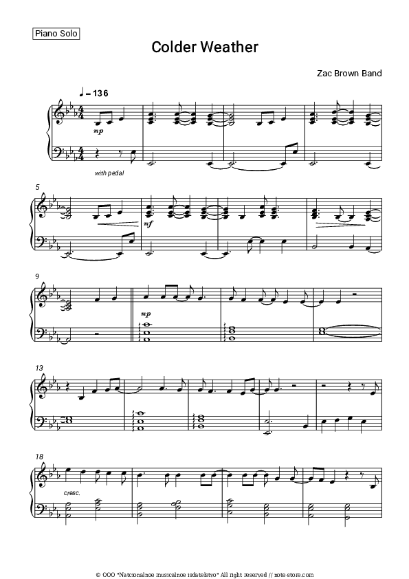 Colder Weather - Zac Brown Band Piano Sheet Music - Piano.Solo