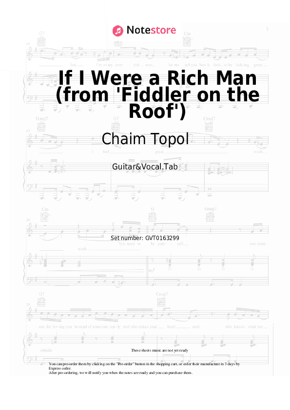 If I Were a Rich Man (from 'Fiddler on the Roof') - Chaim Topol, Jerry Bock, Sheldon Harnick Chords and Voice - Guitar&Vocal.Tab