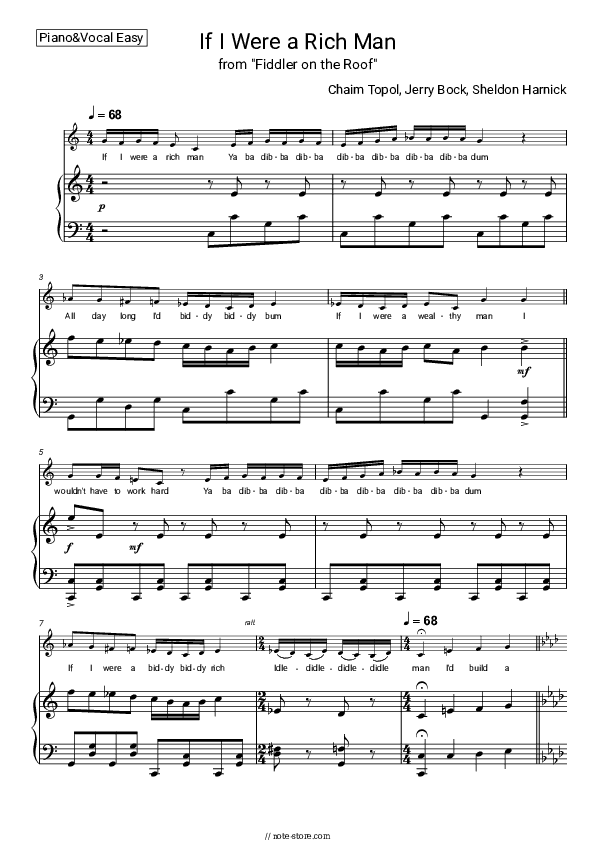 If I Were a Rich Man (from 'Fiddler on the Roof') - Chaim Topol, Jerry Bock, Sheldon Harnick Piano Sheet Music Easy and Vocal - Piano&Vocal.Easy