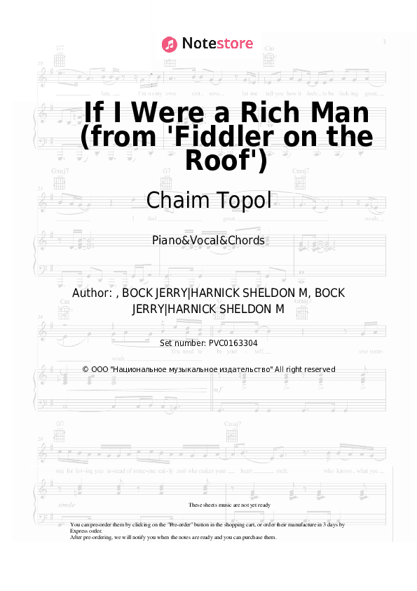 If I Were a Rich Man (from 'Fiddler on the Roof') - Chaim Topol, Jerry Bock, Sheldon Harnick Piano Sheet Music with the Vocal and Chords - Piano&Vocal&Chords