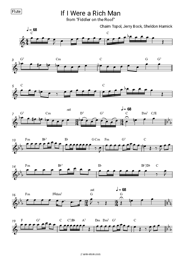 If I Were a Rich Man (from 'Fiddler on the Roof') - Chaim Topol, Jerry Bock, Sheldon Harnick Flute Sheet Music - Flute