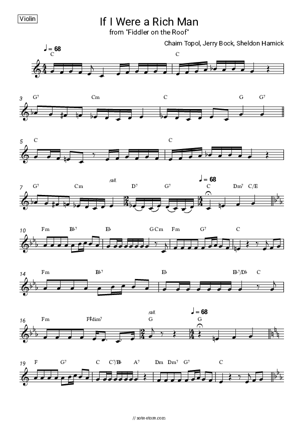 If I Were a Rich Man (from 'Fiddler on the Roof') - Chaim Topol, Jerry Bock, Sheldon Harnick Violin Sheet Music - Violin