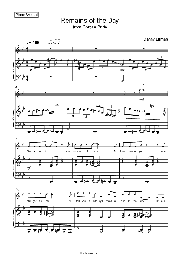 Remains of the Day (from Corpse Bride) - Danny Elfman Piano Sheet Music with the Voice part - Piano&Vocal