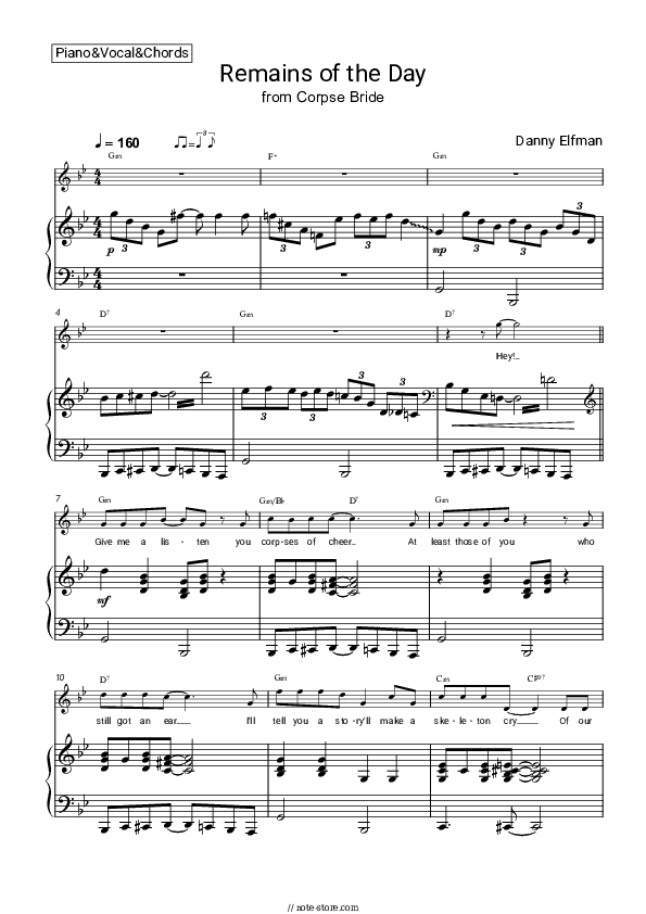 Remains of the Day (from Corpse Bride) - Danny Elfman Piano Sheet Music with the Vocal and Chords - Piano&Vocal&Chords