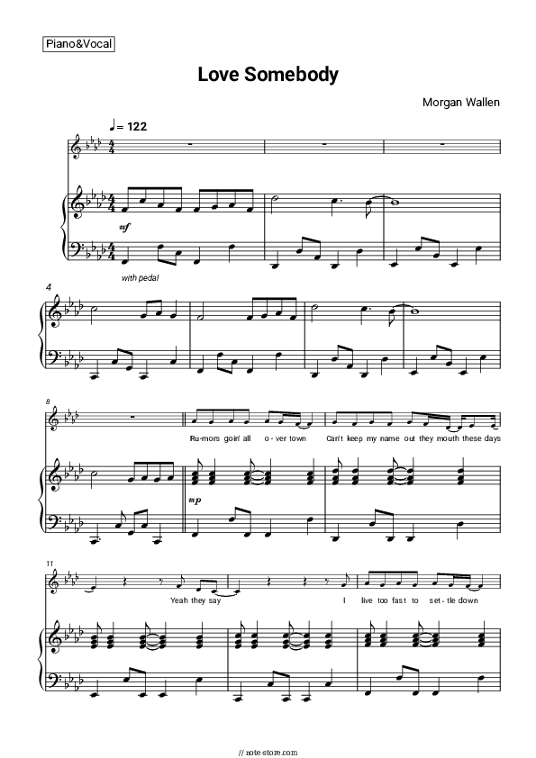 Love Somebody - Morgan Wallen Piano Sheet Music with the Voice part - Piano&Vocal