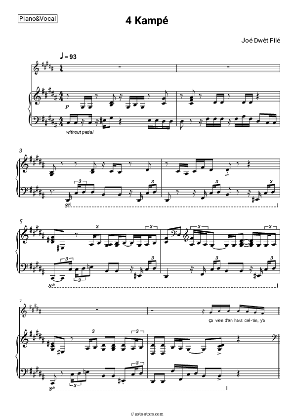 4 Kampé - Joé Dwèt Filé Piano Sheet Music with the Voice part - Piano&Vocal