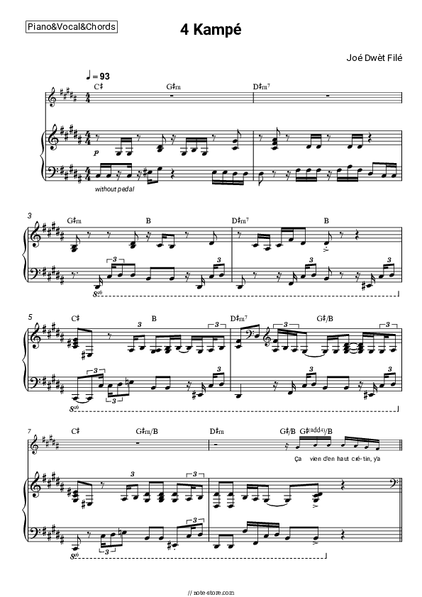 4 Kampé - Joé Dwèt Filé Piano Sheet Music with the Vocal and Chords - Piano&Vocal&Chords