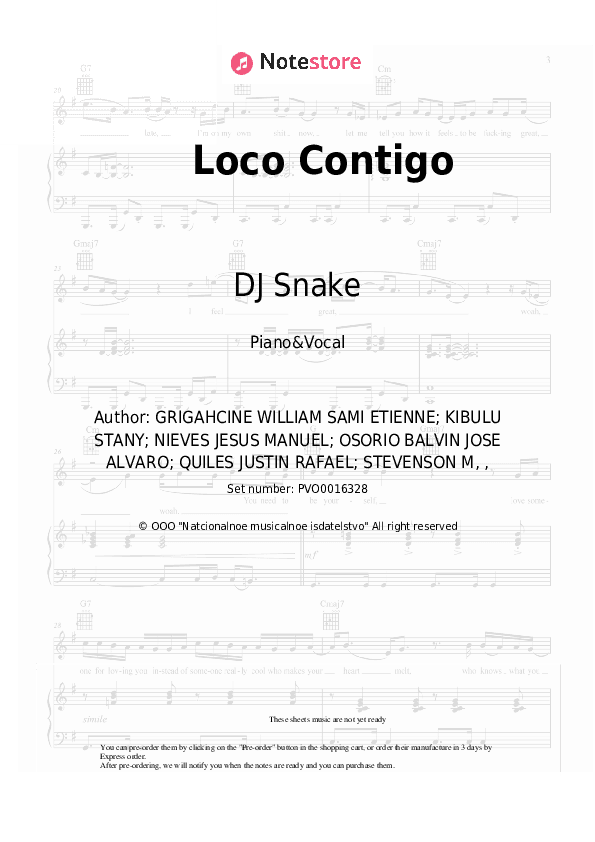Loco Contigo - DJ Snake, J Balvin, Tyga Piano Sheet Music with the Voice part - Piano&Vocal