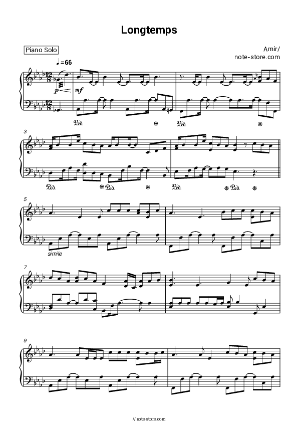 Longtemps - Amir Piano Sheet Music - Piano.Solo