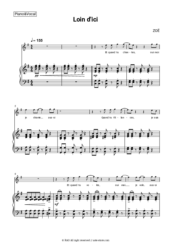 Loin d’ici - ZOË Piano Sheet Music with the Voice part - Piano&Vocal