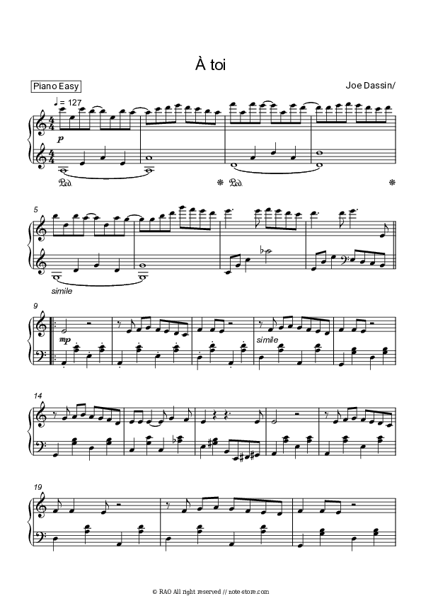 À toi - Joe Dassin Piano Sheet Music Easy - Piano.Easy