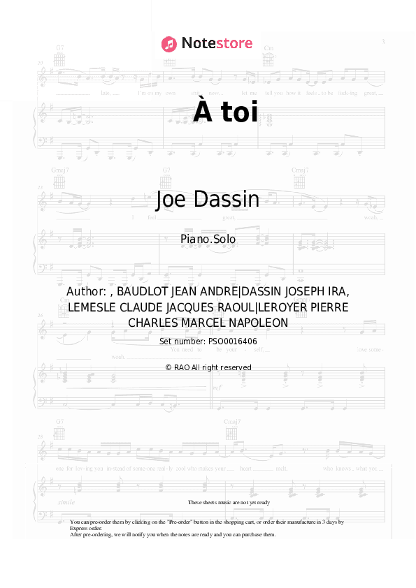 À toi - Joe Dassin Piano Sheet Music - Piano.Solo