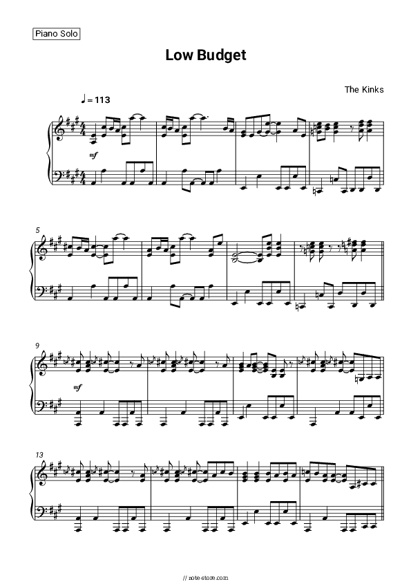 Low Budget - The Kinks Piano Sheet Music - Piano.Solo