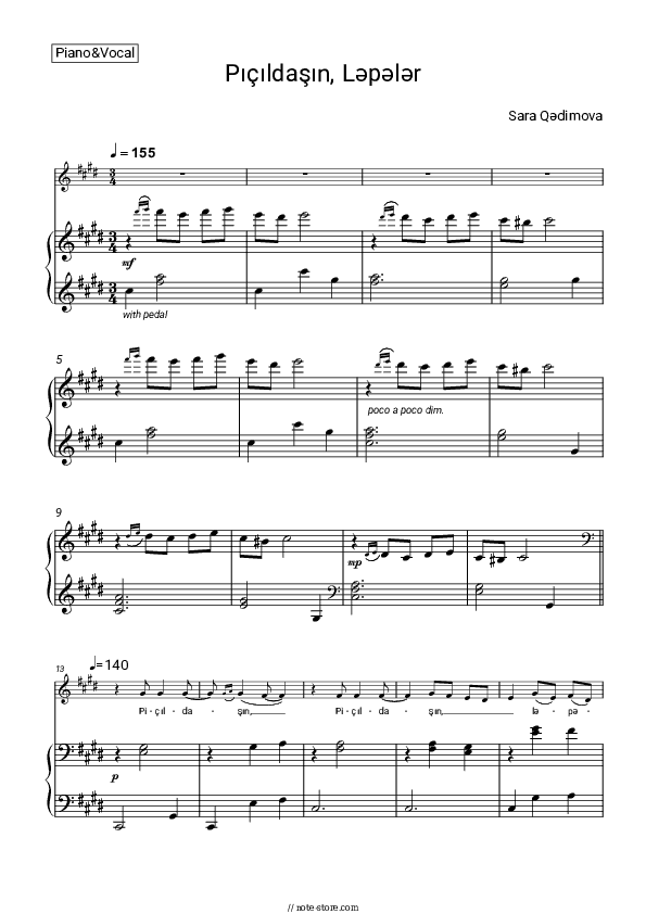 Pıçıldaşın, Ləpələr - Sara Qədimova Piano Sheet Music with the Voice part - Piano&Vocal