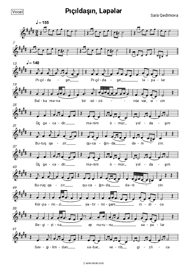 Pıçıldaşın, Ləpələr - Sara Qədimova Vocal Sheet Music - Vocal
