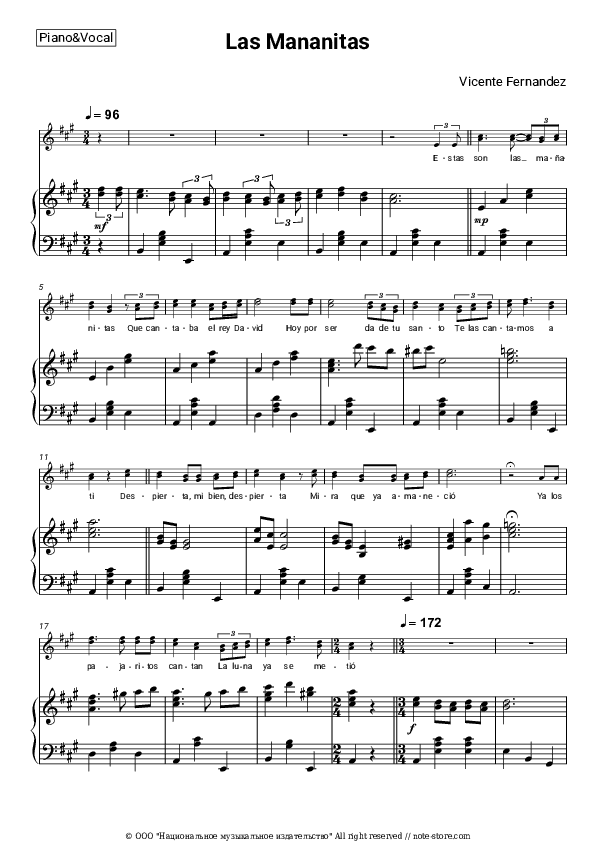 Las Mananitas - Vicente Fernandez Piano Sheet Music with the Voice part - Piano&Vocal