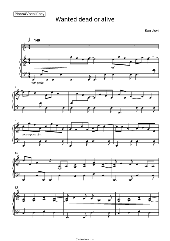 Wanted Dead Or Alive - Bon Jovi Piano Sheet Music Easy and Vocal - Piano&Vocal.Easy