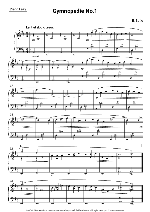 Gymnopedie No.1 Lent et douloureux (D major) - Erik Satie Piano Sheet Music Easy - Piano.Easy