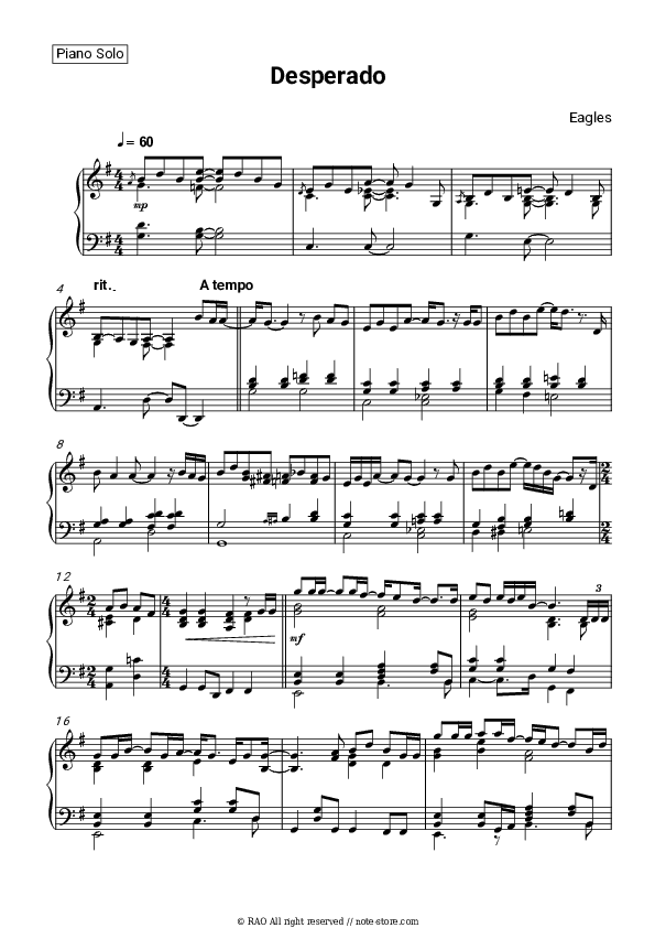 Desperado - Eagles Piano Sheet Music - Piano.Solo