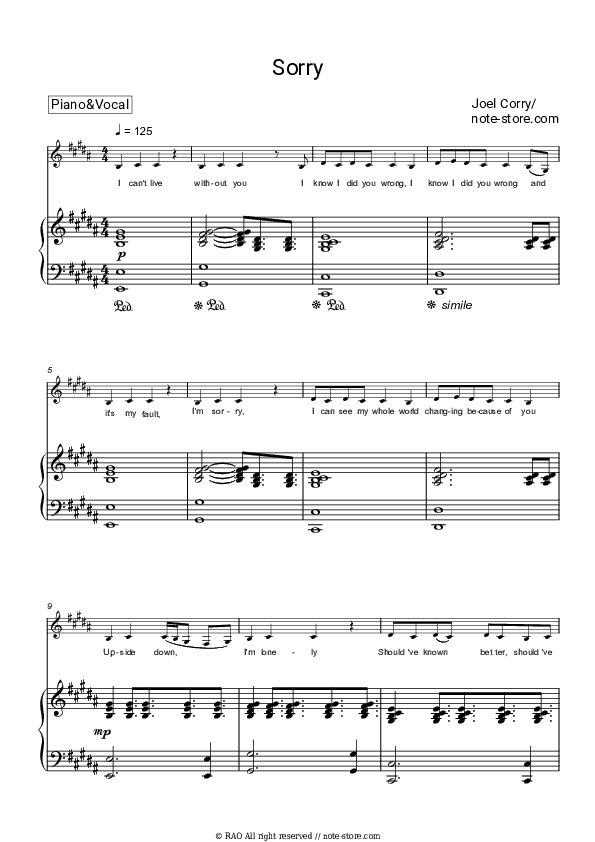 Sorry - Joel Corry Piano Sheet Music with the Voice part - Piano&Vocal