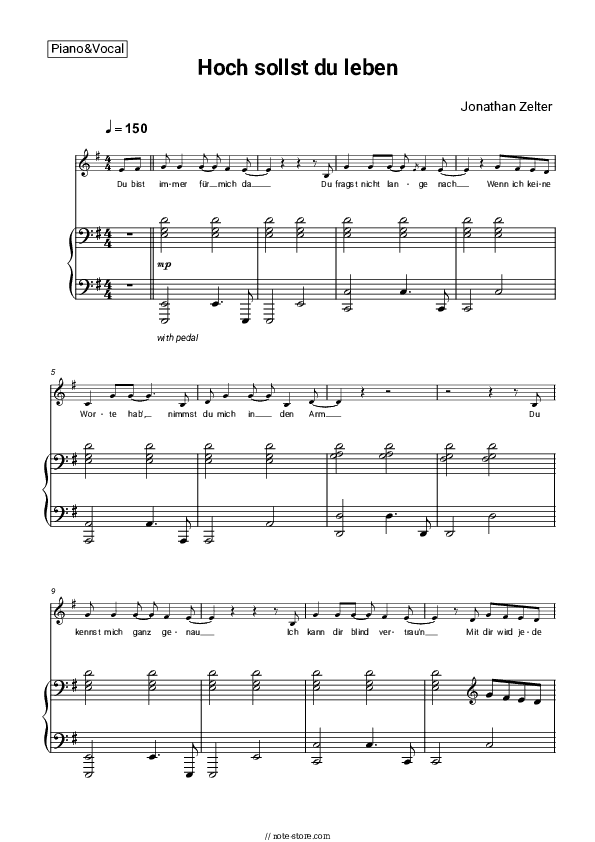 Hoch sollst du leben - Jonathan Zelter Piano Sheet Music with the Voice part - Piano&Vocal