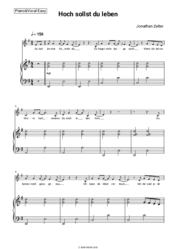 Hoch sollst du leben - Jonathan Zelter Piano Sheet Music Easy and Vocal - Piano&Vocal.Easy