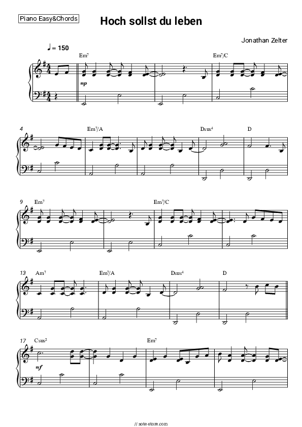 Hoch sollst du leben - Jonathan Zelter Sheet Music Easy and Chords - Piano.Easy&Chords