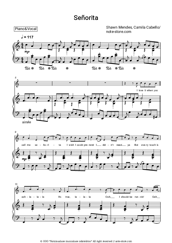 Senorita - Shawn Mendes, Camila Cabello Piano Sheet Music with the Voice part - Piano&Vocal