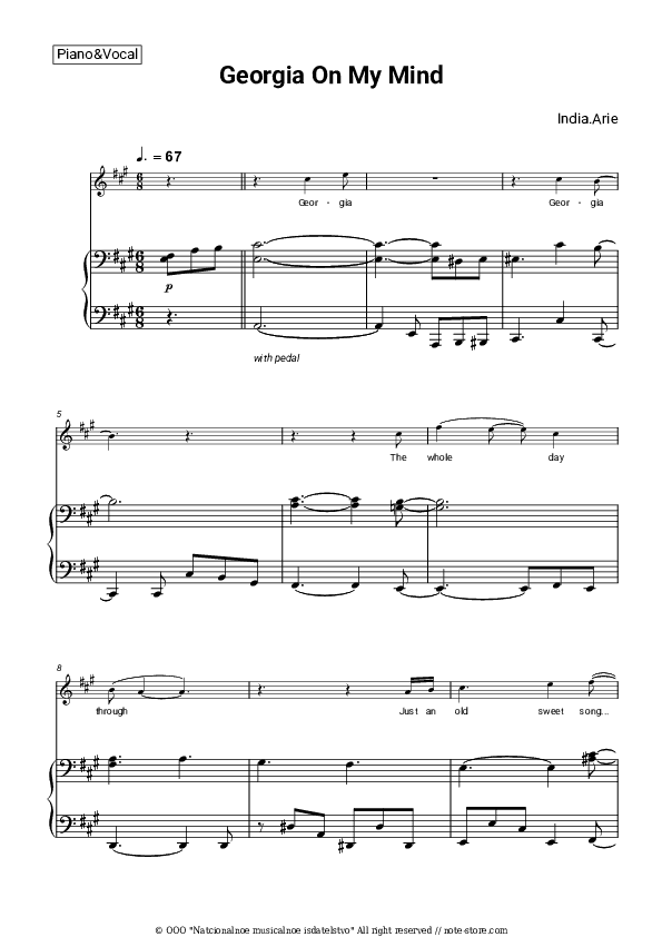 Georgia On My Mind - India.Arie Piano Sheet Music with the Voice part - Piano&Vocal