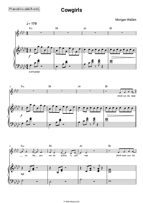 Cowgirls - Morgan Wallen, ERNEST Piano Sheet Music with the Vocal and Chords - Piano&Vocal&Chords