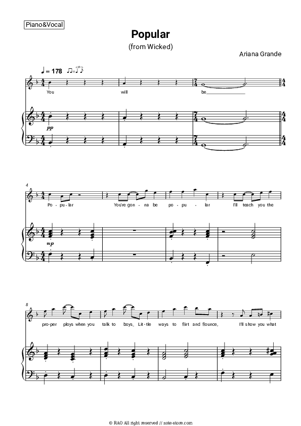 Popular (From 'Wicked') - Ariana Grande Piano Sheet Music with the Voice part - Piano&Vocal