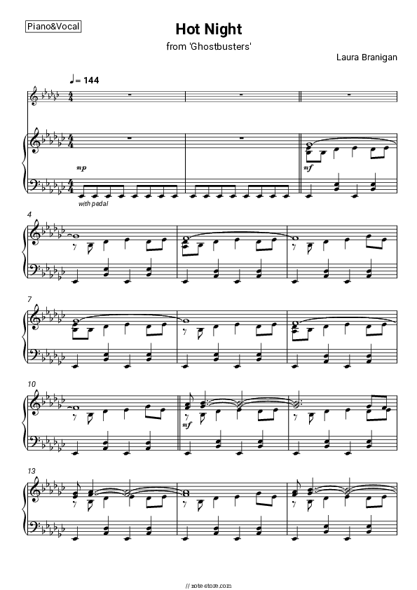 Hot Night (from 'Ghostbusters') - Laura Branigan Piano Sheet Music with the Voice part - Piano&Vocal