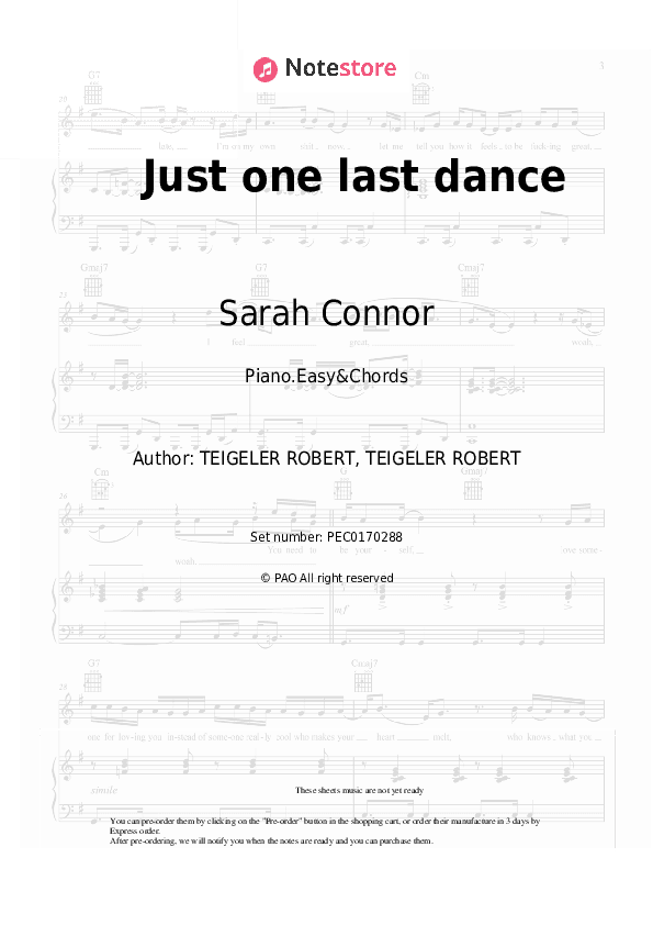Just one last dance - Sarah Connor, Natural Sheet Music Easy and Chords - Piano.Easy&Chords