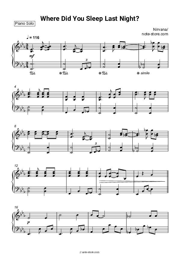 Where Did You Sleep Last Night? - Nirvana Piano Sheet Music - Piano.Solo