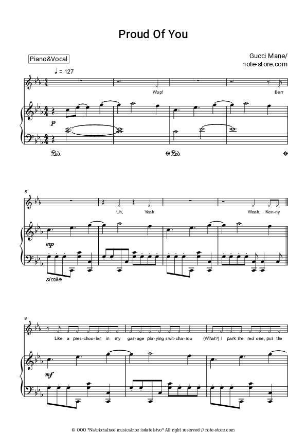 Proud Of You - Gucci Mane Piano Sheet Music with the Voice part - Piano&Vocal