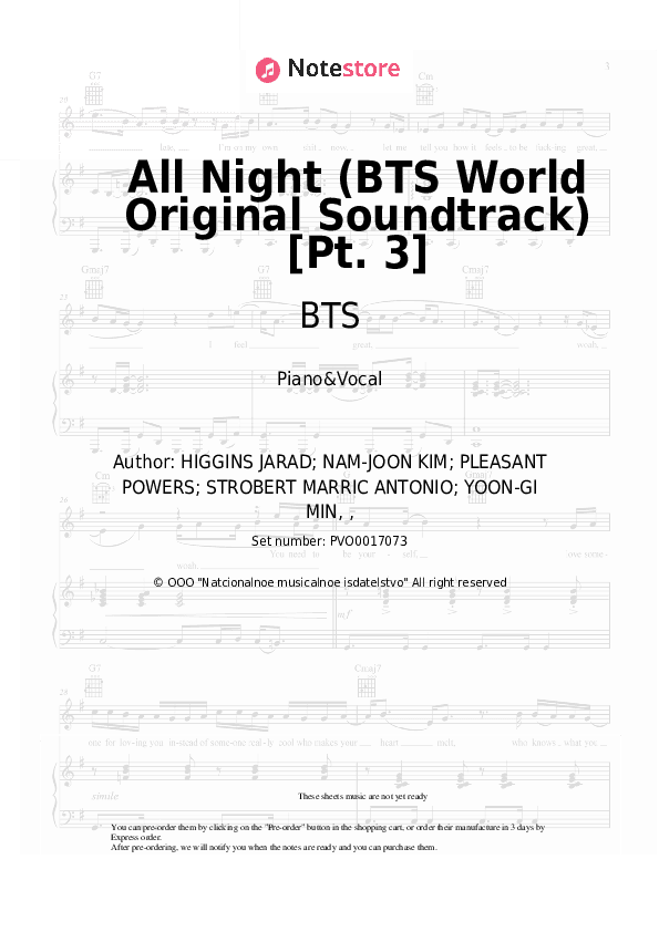 All Night (BTS World Original Soundtrack) [Pt. 3] - BTS, Juice WRLD Piano Sheet Music with the Voice part - Piano&Vocal